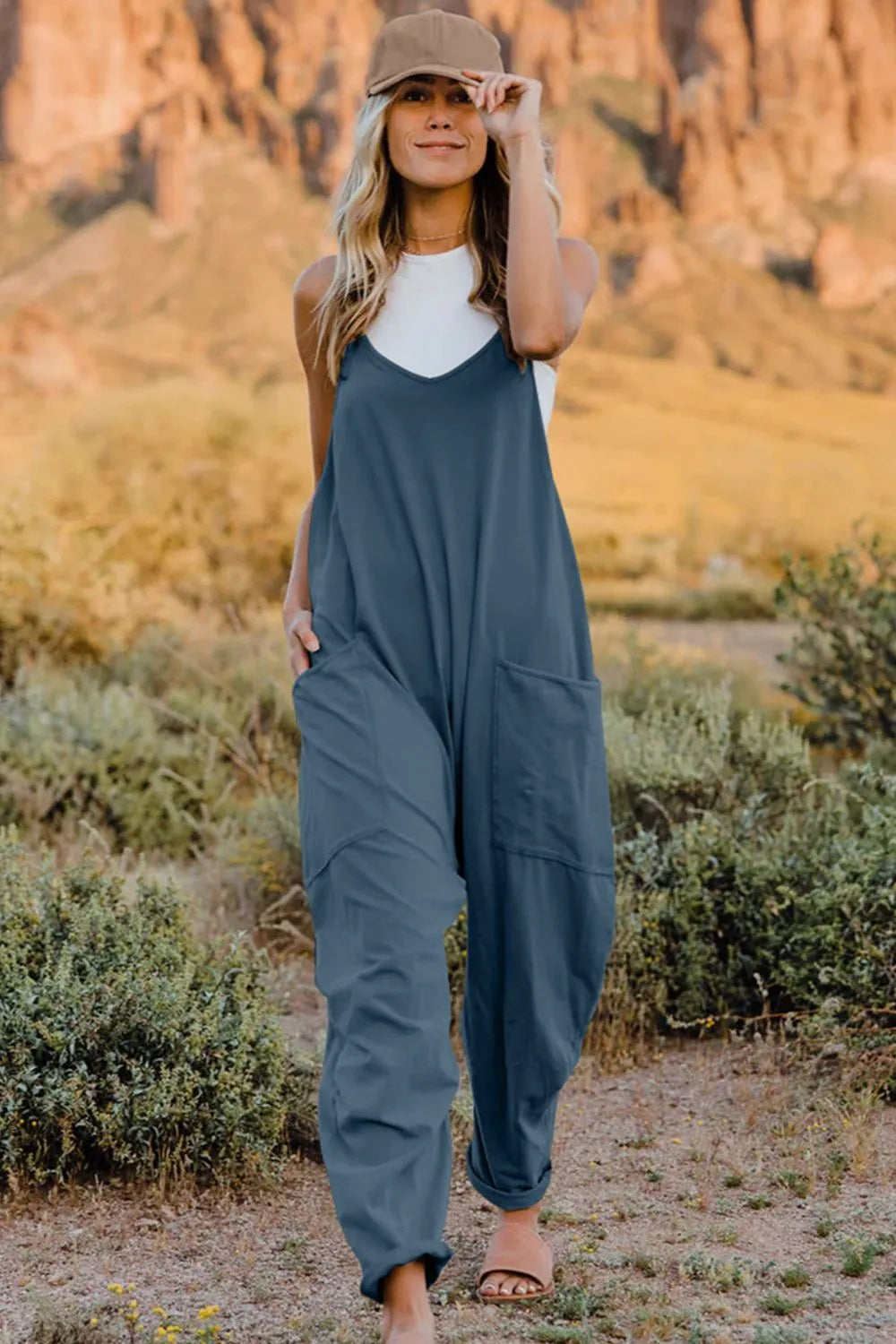 Double Take Full Size V-Neck Sleeveless Jumpsuit with Pockets-Nordavory