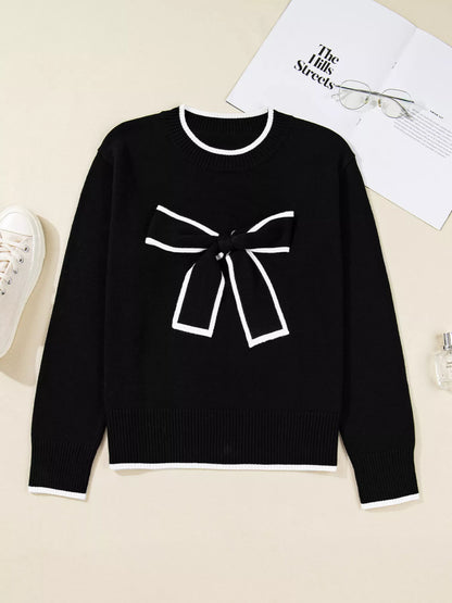 Contrast Trim Bow Accent Holiday Cropped Sweater-Nordavory