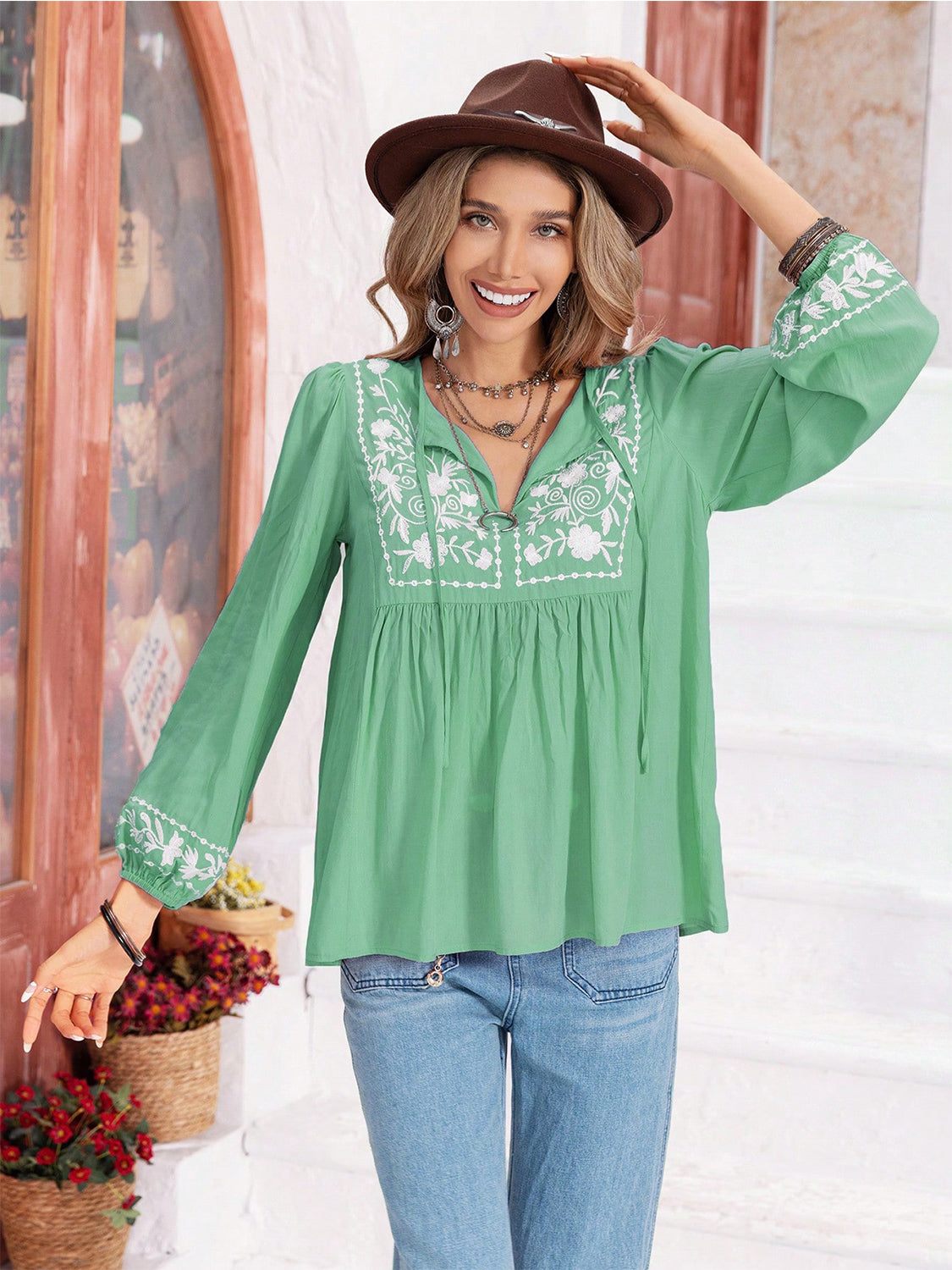 Floral Tie Neck Balloon Sleeve Blouse-Nordavory