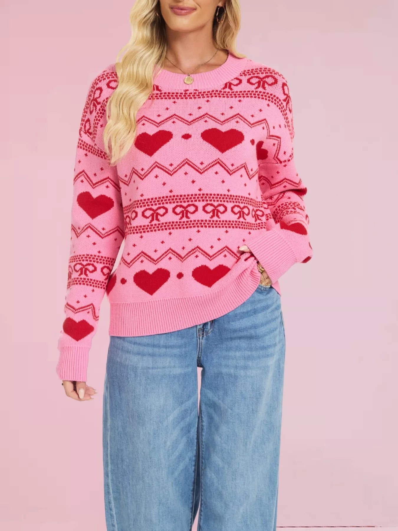 Heart & Bow Pattern Round Neck Sweater-Nordavory