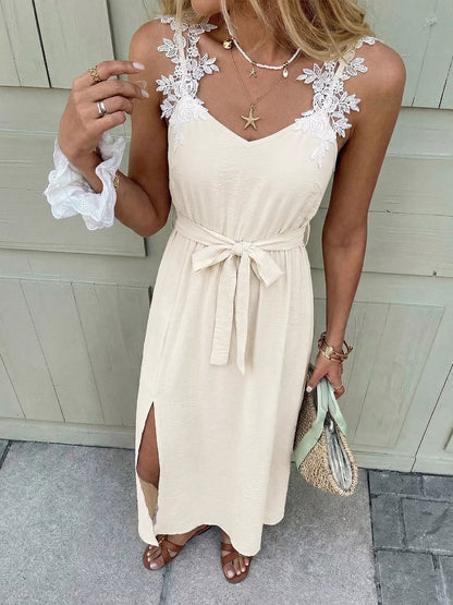Lace Trimmed Slit Maxi Dress-Nordavory