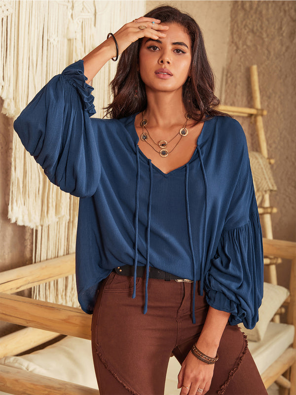 Tie Neck Long Sleeve Blouse-Nordavory