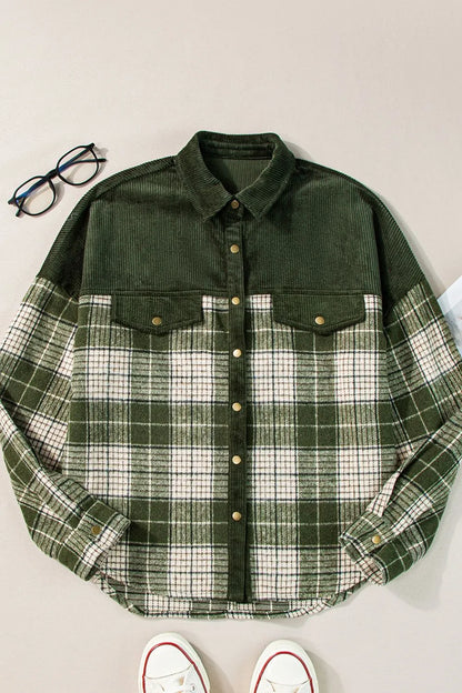 Snap Down Collared Neck Plaid Shacket-Nordavory