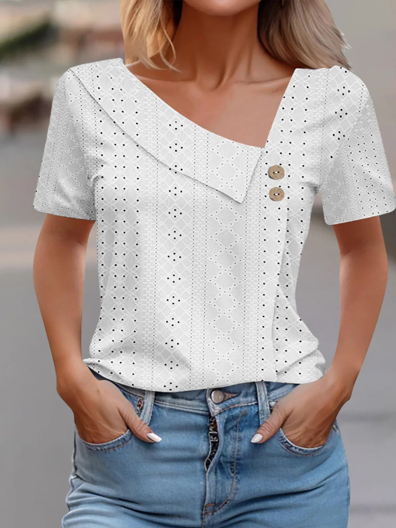 Eyelet Asymmetrical Short Sleeve T-Shirt-Nordavory
