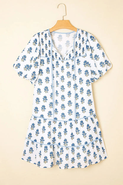 Floral Puff Sleeve Mini Dress with Pockets-Nordavory