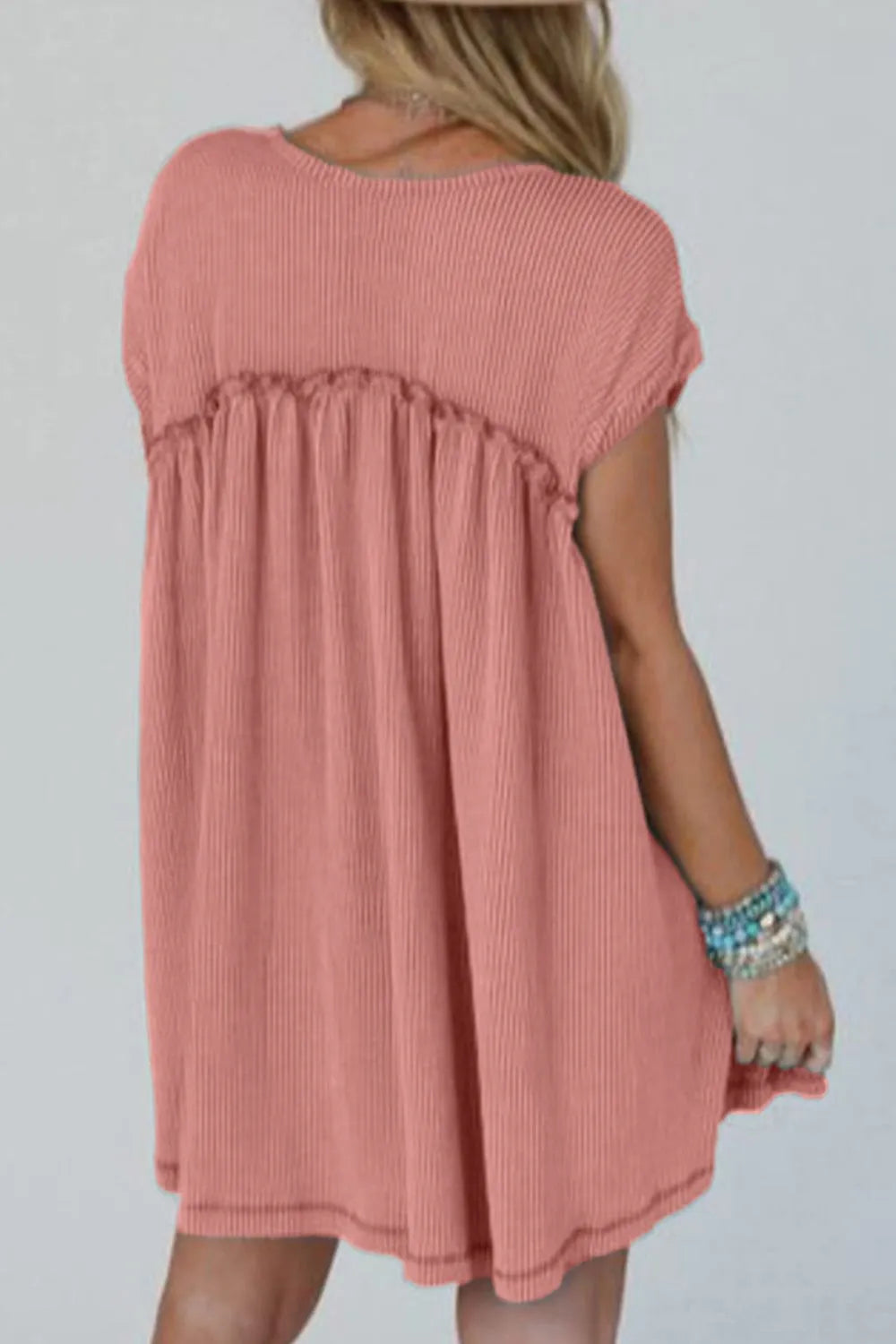 Corded Knit Textured Patched Pocket Frilled Swing Mini Dress with Pockets-Nordavory