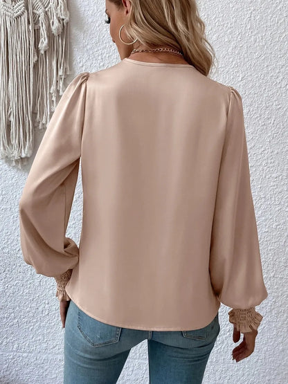 Surplice Smocked Lantern Sleeve Blouse-Nordavory