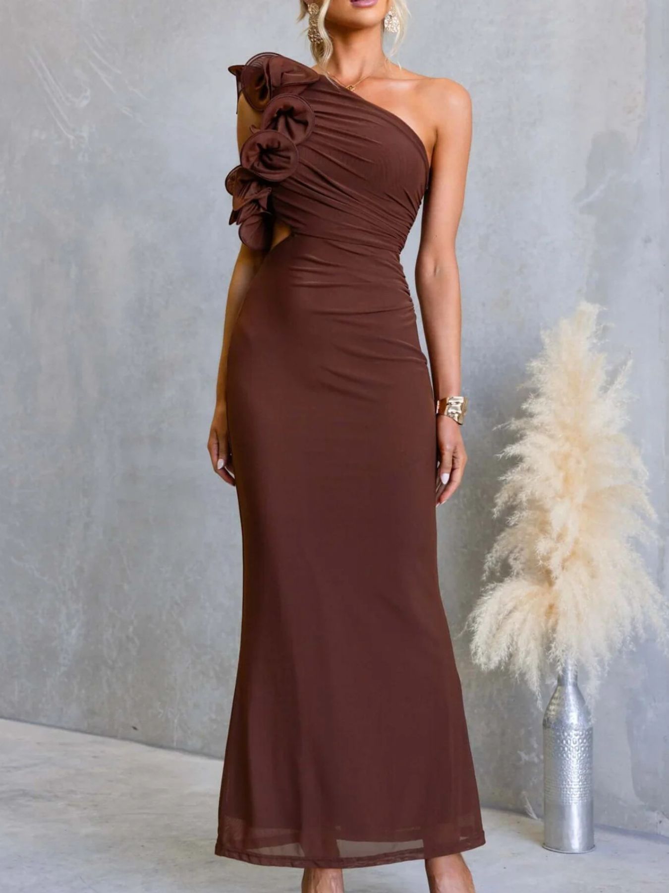 One-Shoulder Floral Trim Sleeveless Maxi Dress-Nordavory