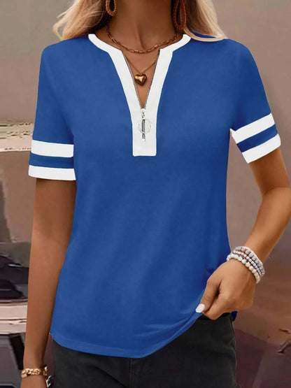 Striped Short Sleeve Half Zip Top-Nordavory