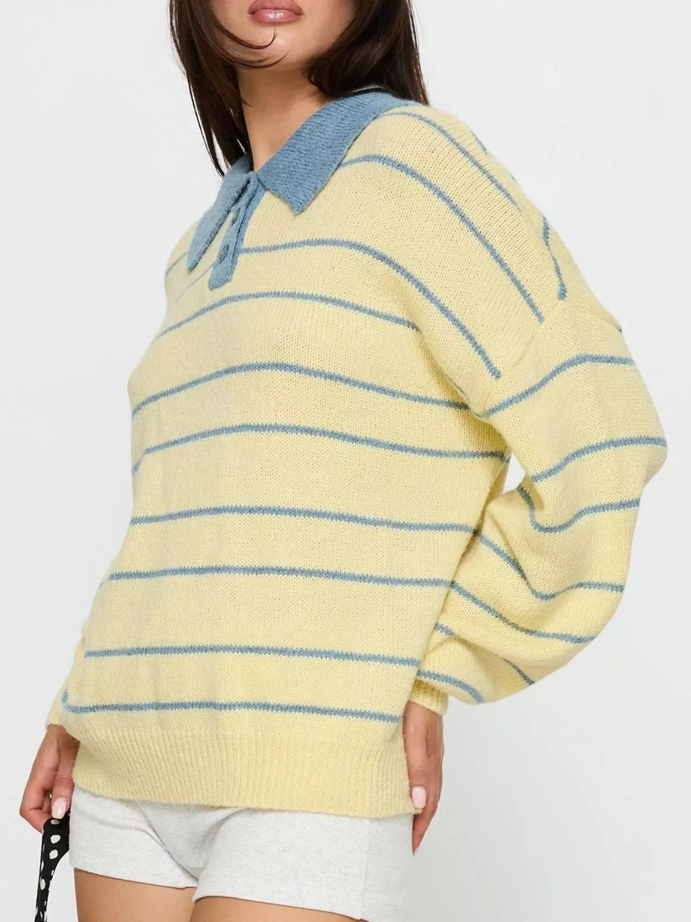 Striped Polo Collar Long Sleeve Sweater-Nordavory