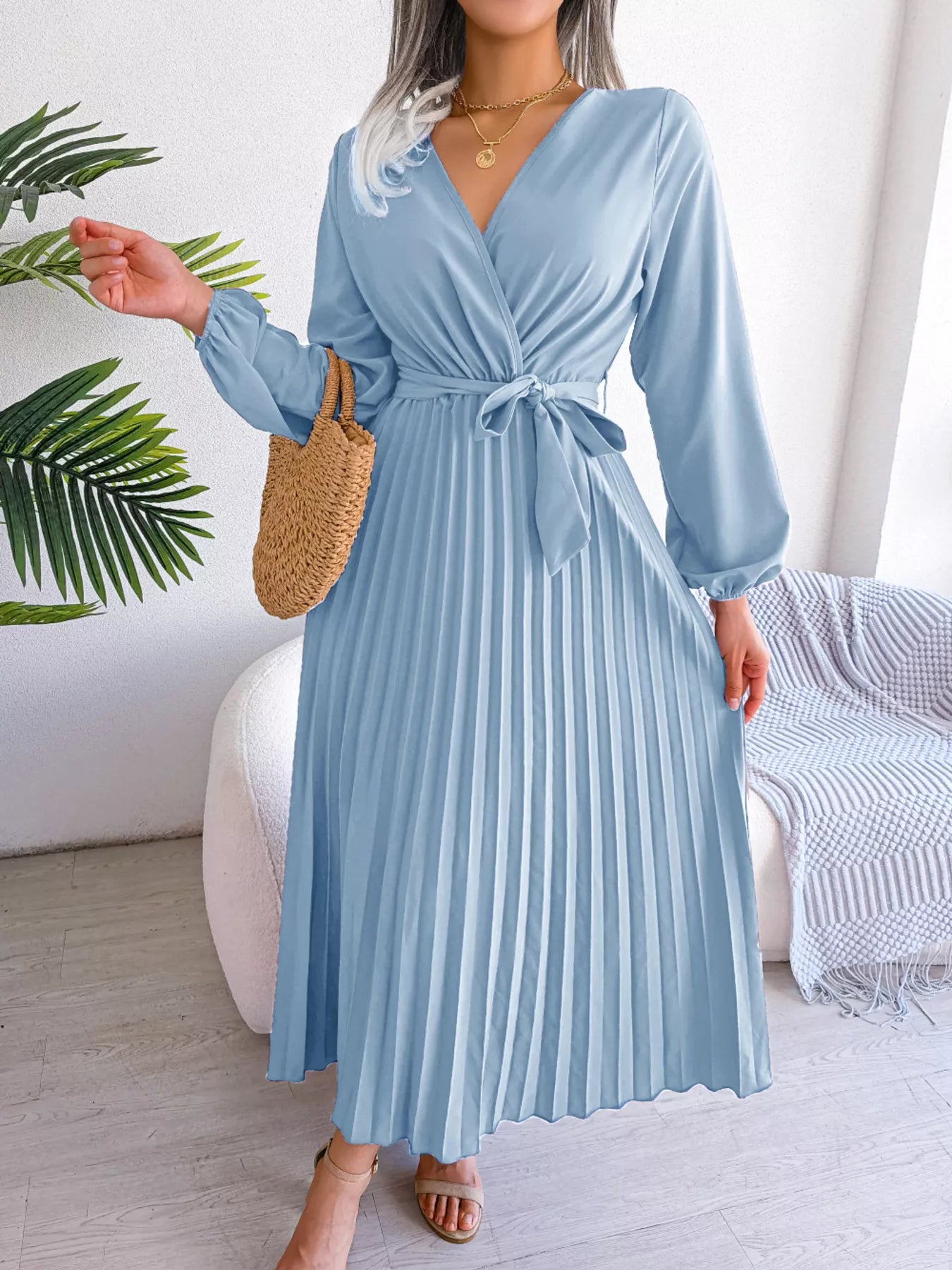 Elegant Pleated Front Tie Long Sleeve Dress-Nordavory