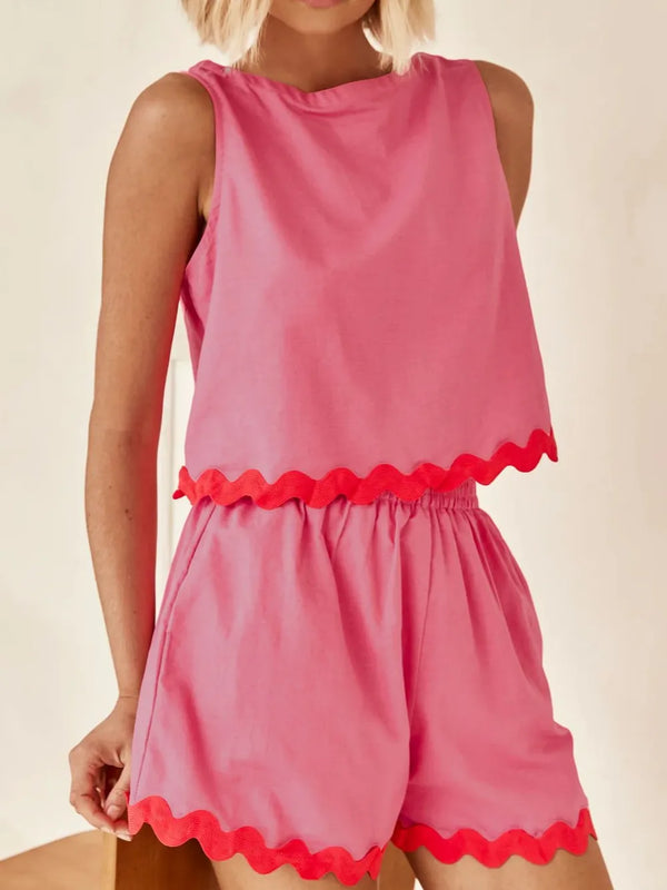 Contrast Trim Round Neck Tank and Shorts Set-Nordavory