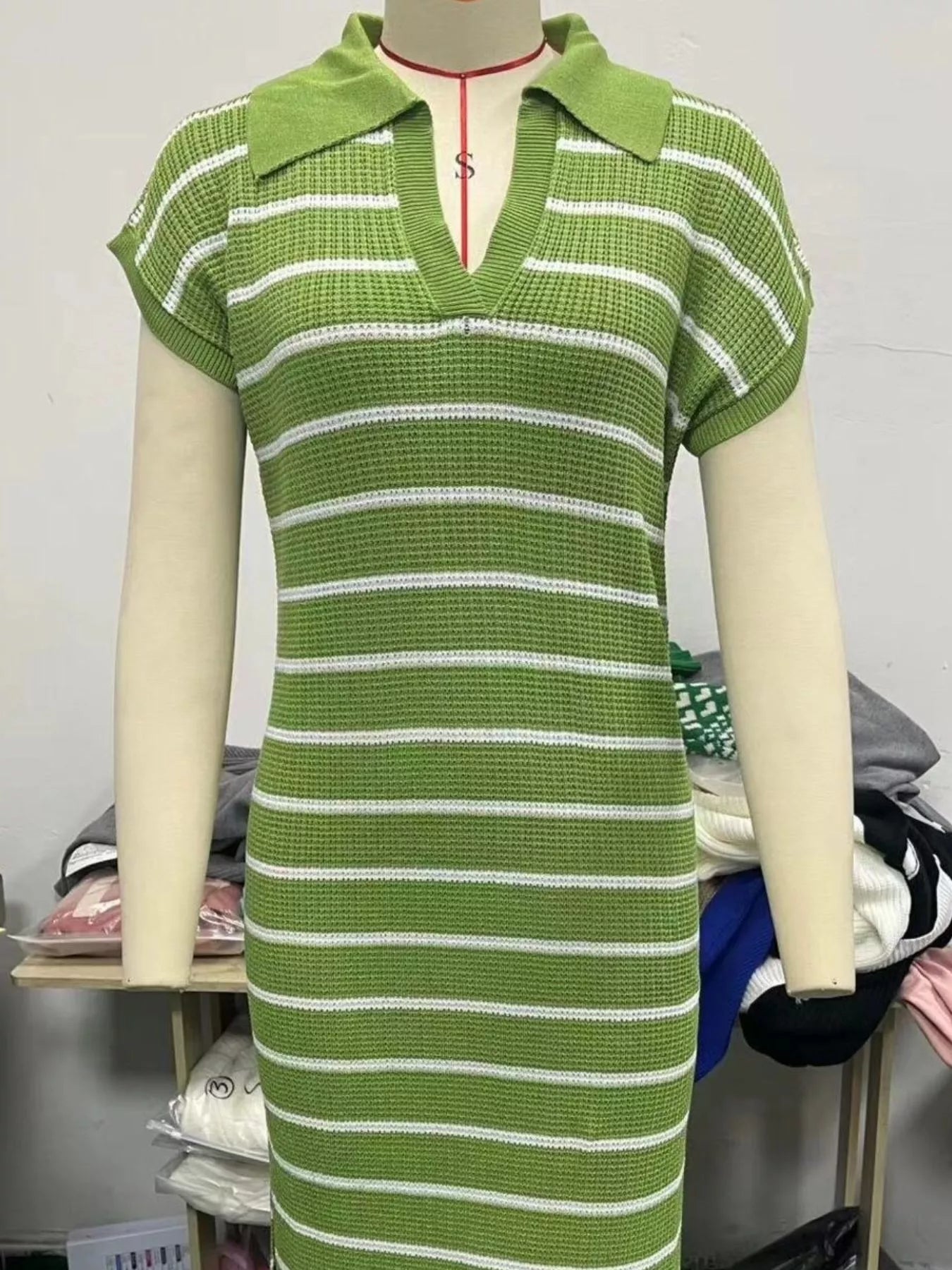 Striped Knit Slit Short Sleeve Midi Dress-Nordavory