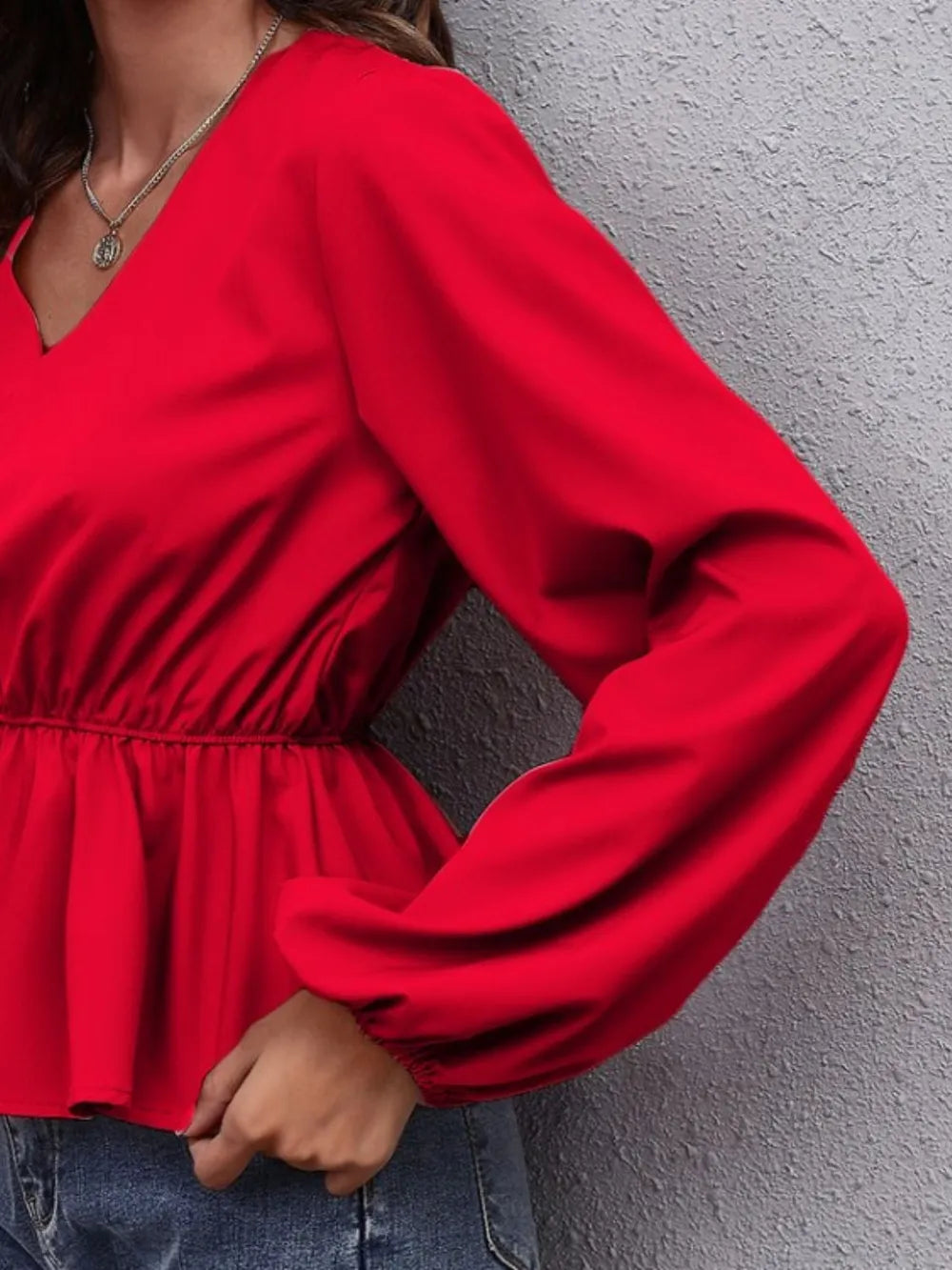 V-Neck Balloon Sleeve Peplum Blouse-Nordavory