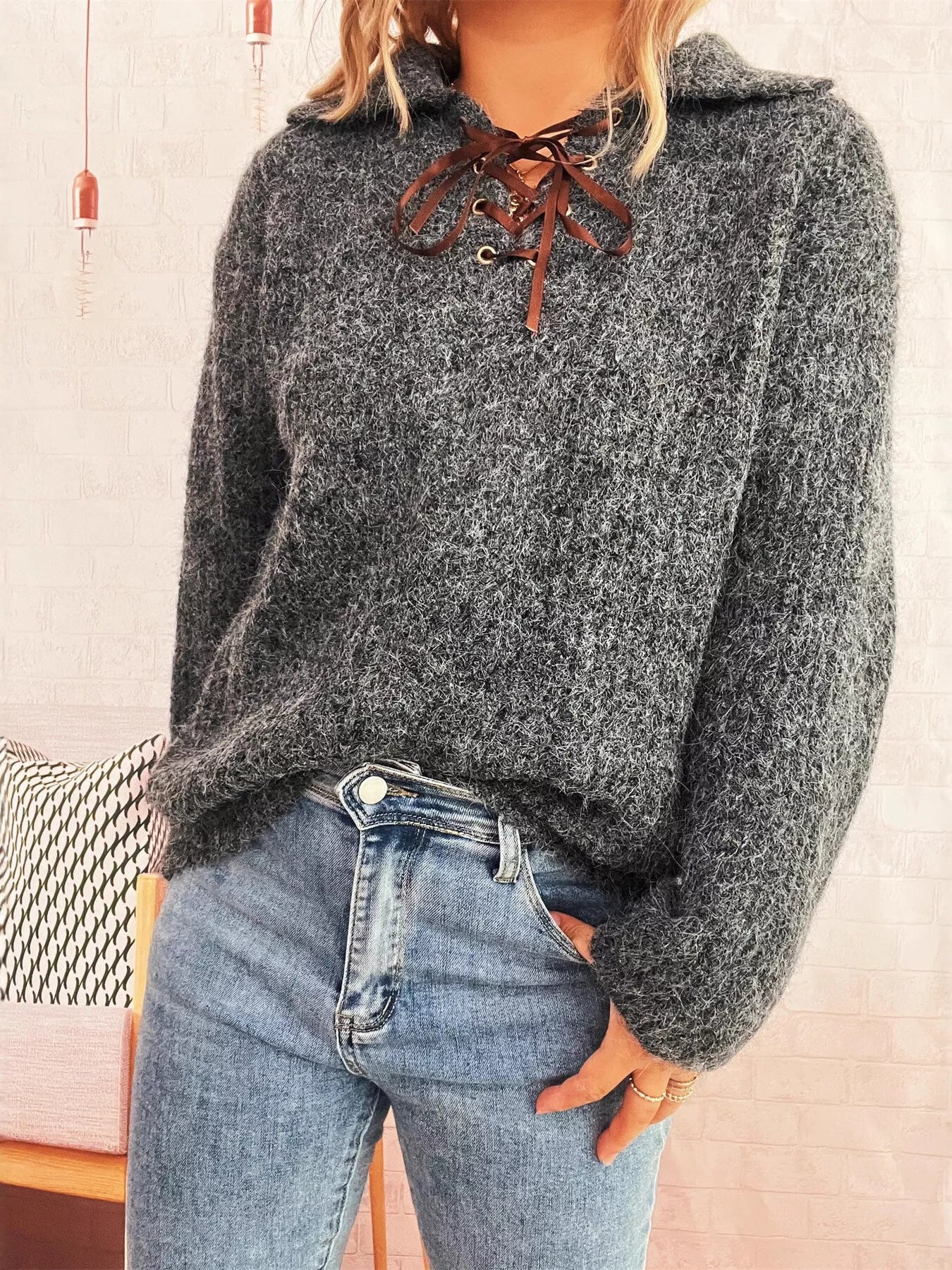 Lace Up Long Sleeve Sweater-Nordavory
