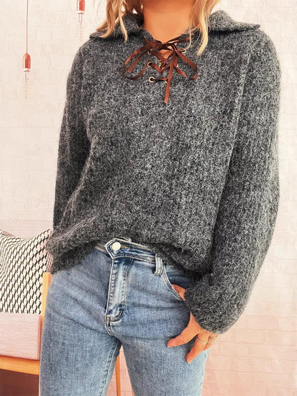 Lace Up Long Sleeve Sweater-Nordavory