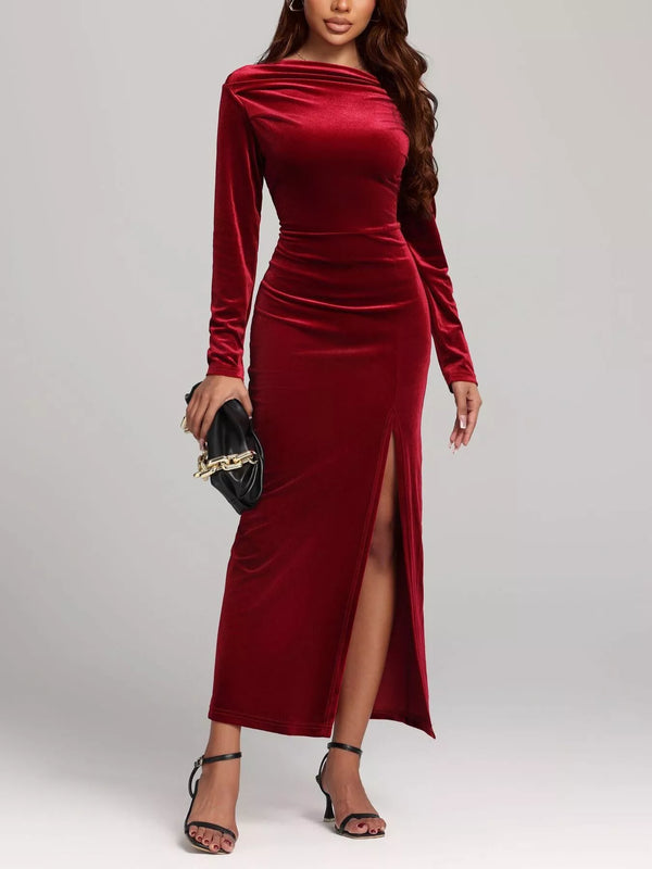 Ruched Velvet Long Sleeve Slit Dress-Nordavory