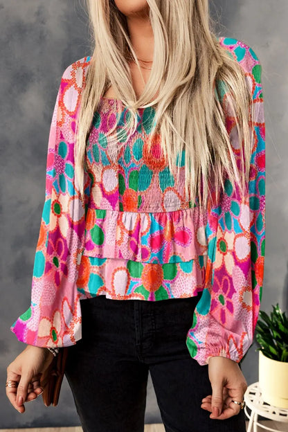Floral Smocked Ruffled Balloon Sleeve Blouse-Nordavory