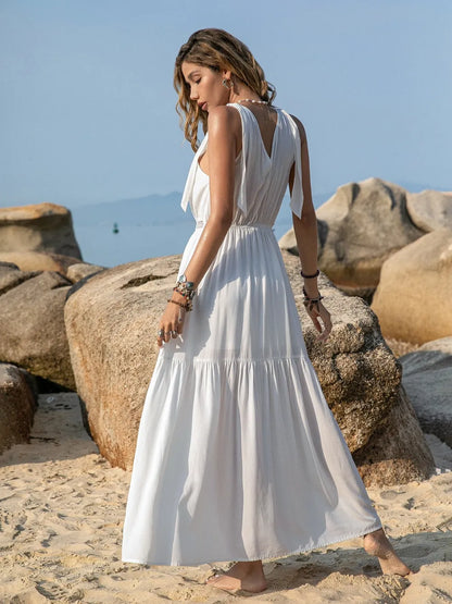 V-Neck Tie Shoulder Crochet Maxi Dress-Nordavory