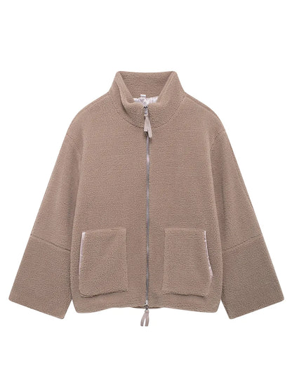 Turtleneck Zip Up Long Sleeve Plush Jacket-Nordavory