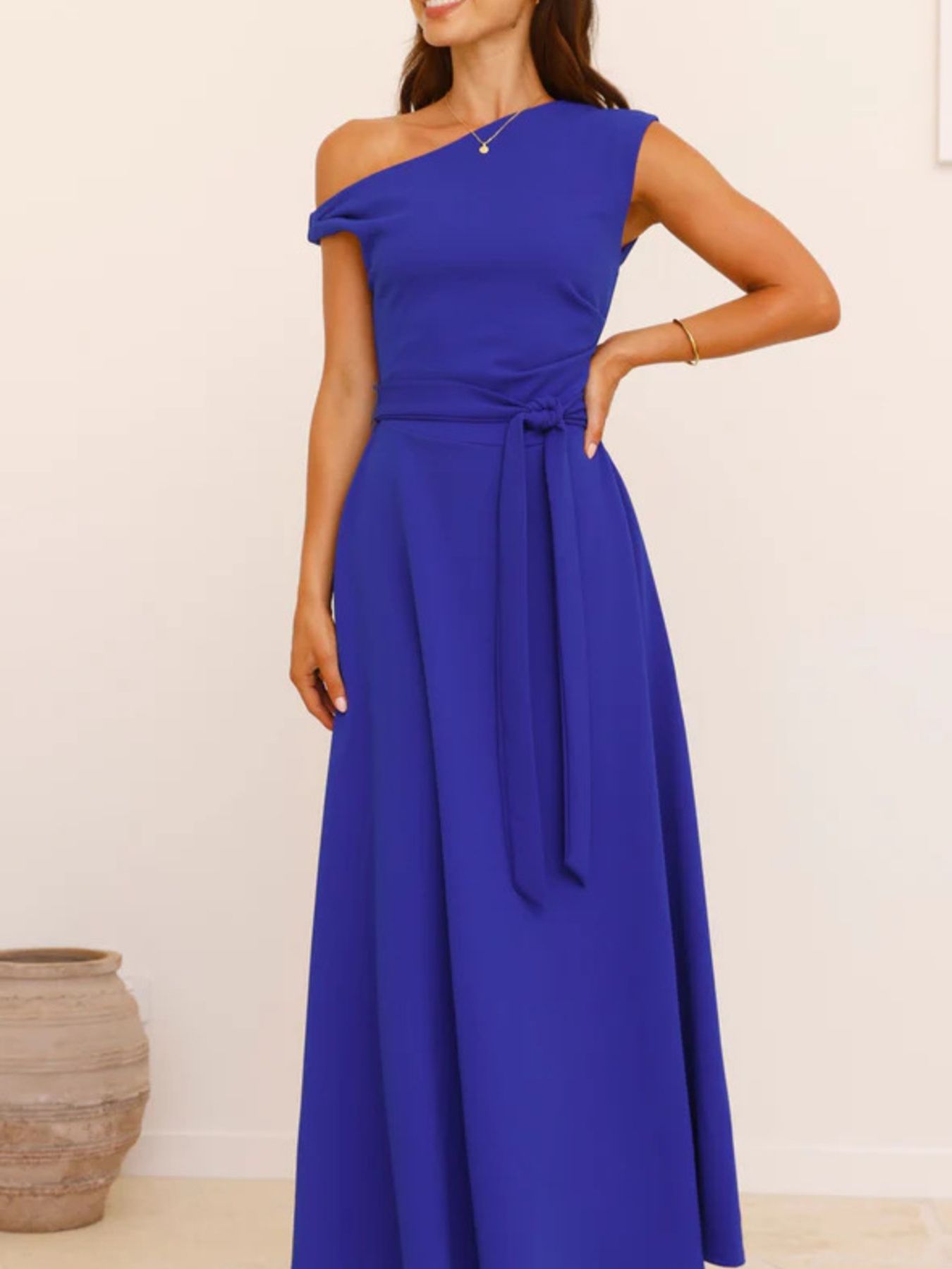 Single Shoulder Tie Waist Maxi Dress-Nordavory