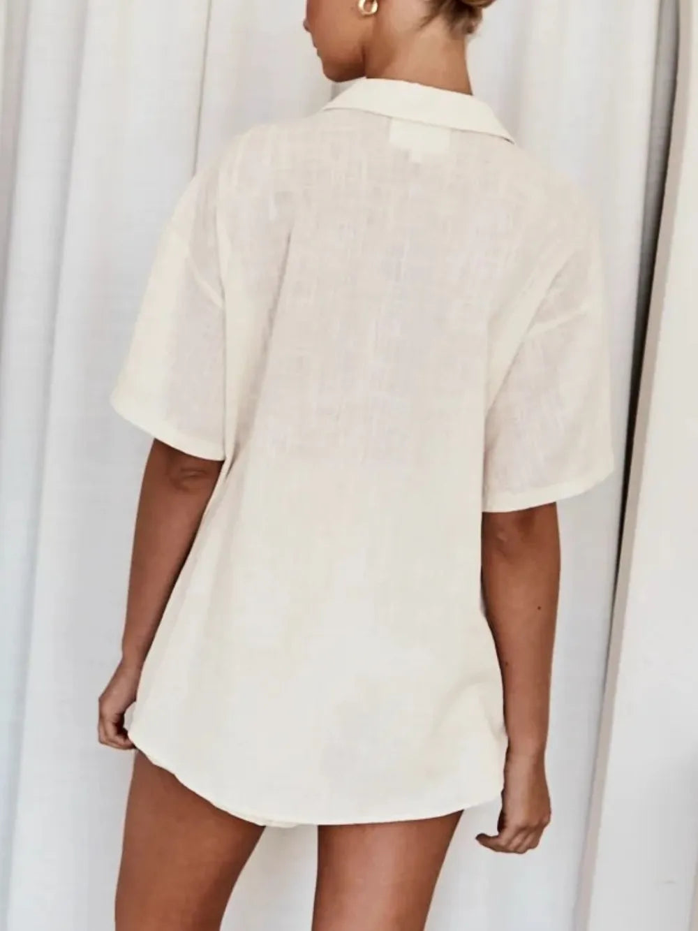 Embroidered Button Up Half Sleeve Top and Shorts Set-Nordavory