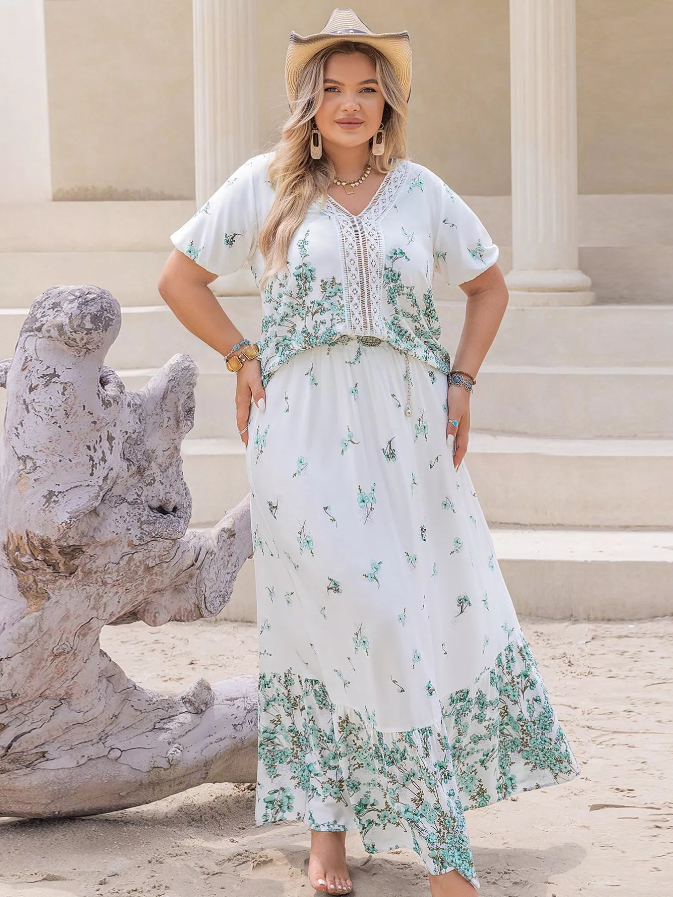 Plus Size Printed Lace Detail Short Sleeve Top and Skirt Set-Nordavory