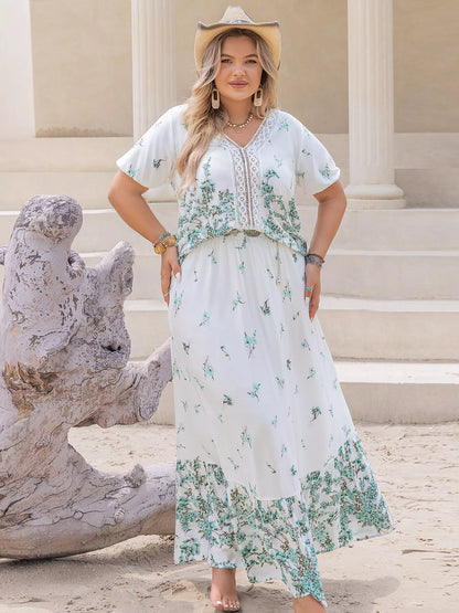 Plus Size Printed Lace Detail Short Sleeve Top and Skirt Set-Nordavory