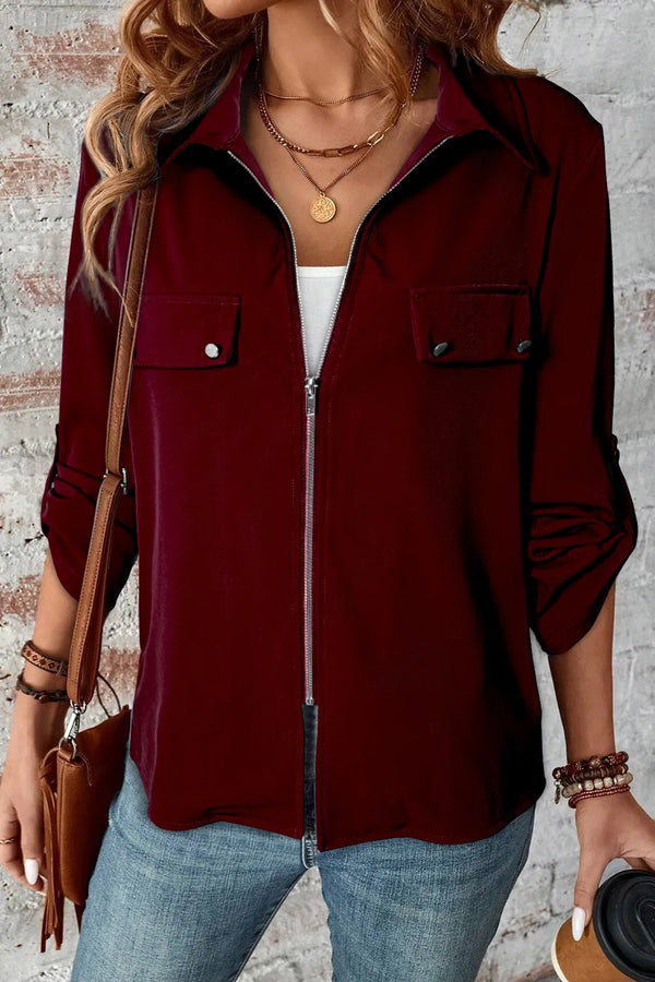Pocketed Zip Up Collared Neck Long Sleeve Jacket-Nordavory