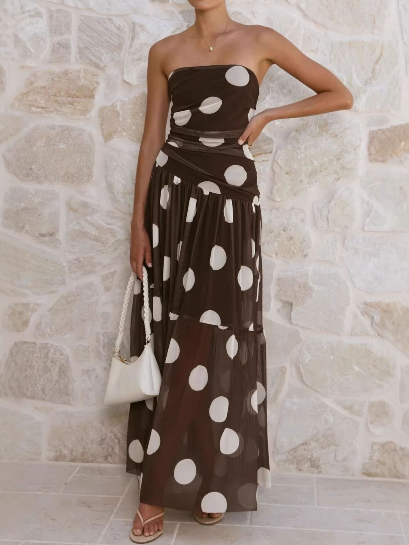 Polka Dot Strapless Ruched Maxi Dress-Nordavory