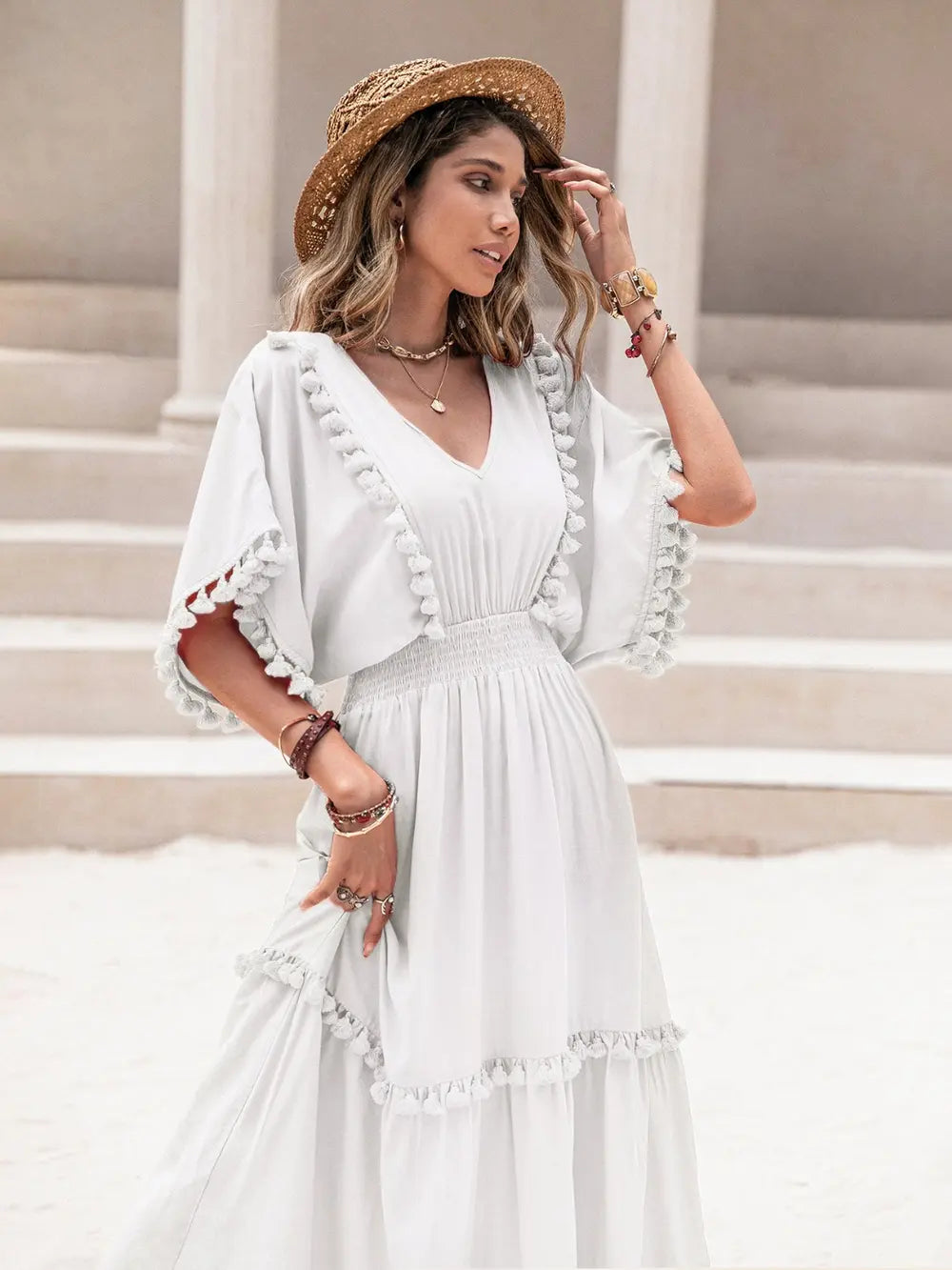 Tassel Trim Smocked V-Neck Short Sleeve Dress-Nordavory
