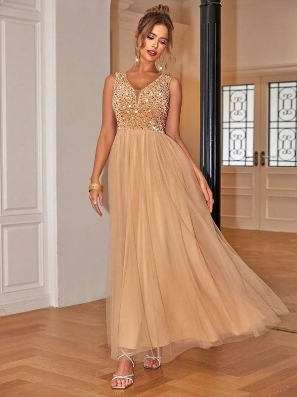 Sequin V-Neck Sleeveless Dress-Nordavory