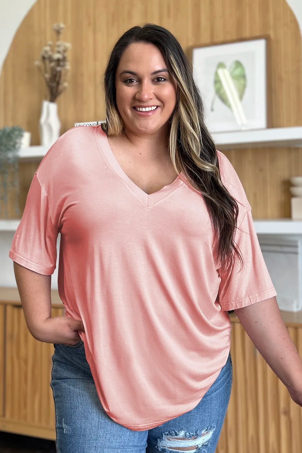 Basic Bae Full Size Bamboo V-Neck Drop Shoulder T-Shirt-Nordavory