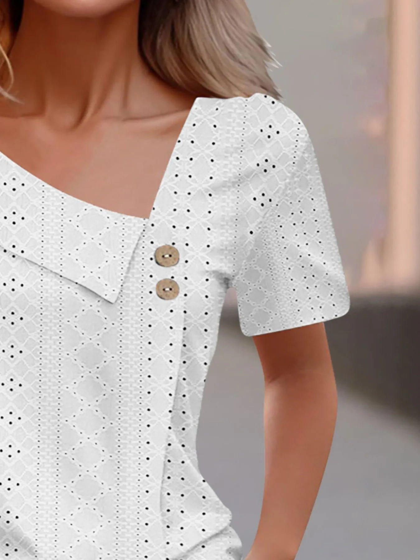 Eyelet Asymmetrical Short Sleeve T-Shirt-Nordavory