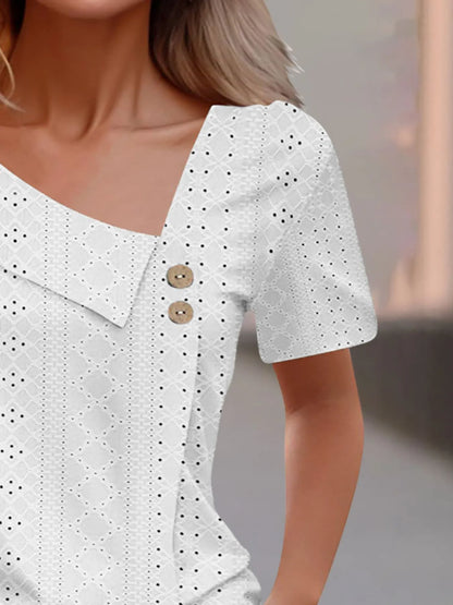 Eyelet Asymmetrical Short Sleeve T-Shirt-Nordavory