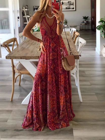 Printed V-Neck Maxi Dress-Nordavory
