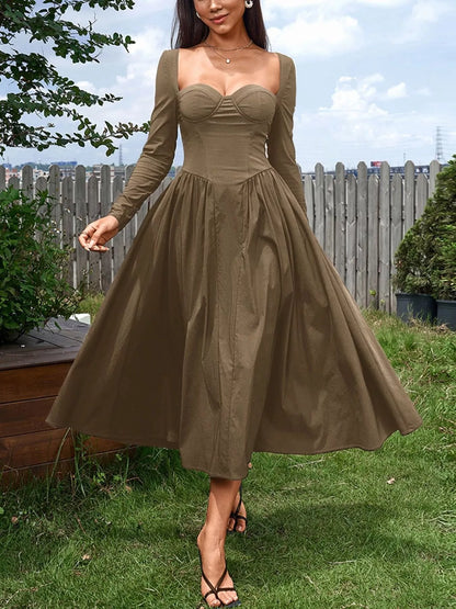 Sweetheart Neckline Long Sleeve A-Line Midi Dress-Nordavory