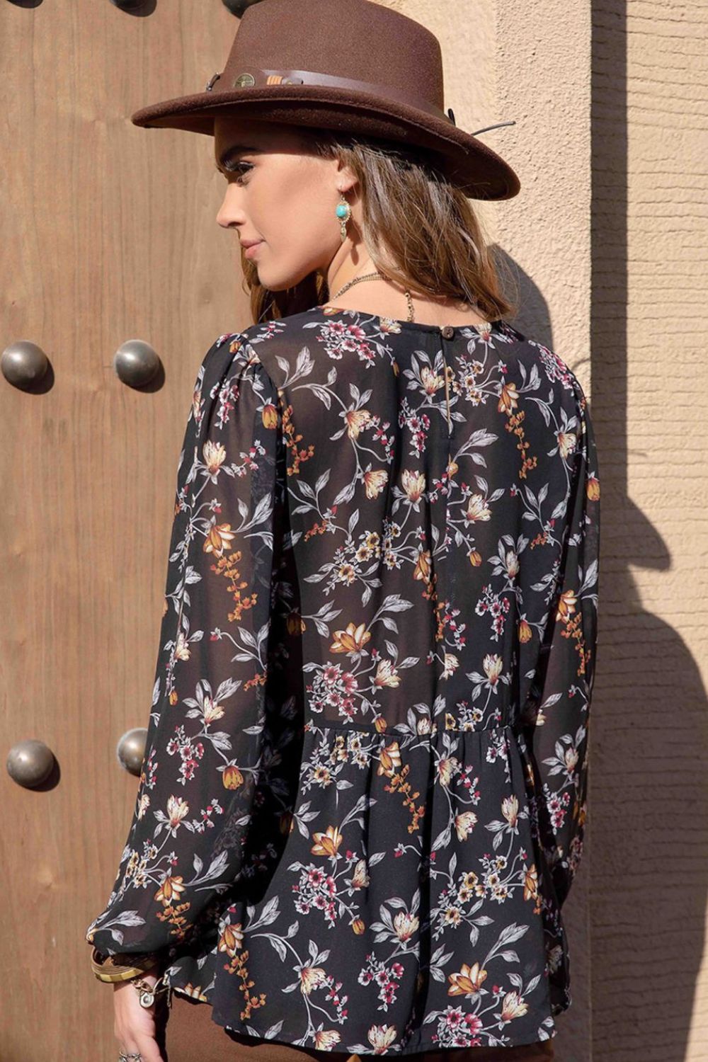 Printed Round Neck Long Sleeve Blouse-Nordavory