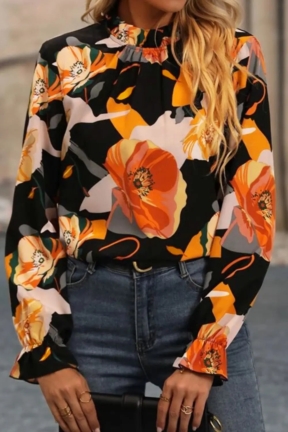 Floral Mock Neck Flounce Sleeve Blouse-Nordavory