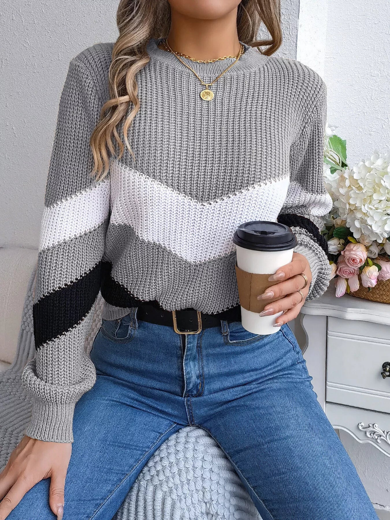 Chevron Stripe Color Block Round Neck Sweater-Nordavory