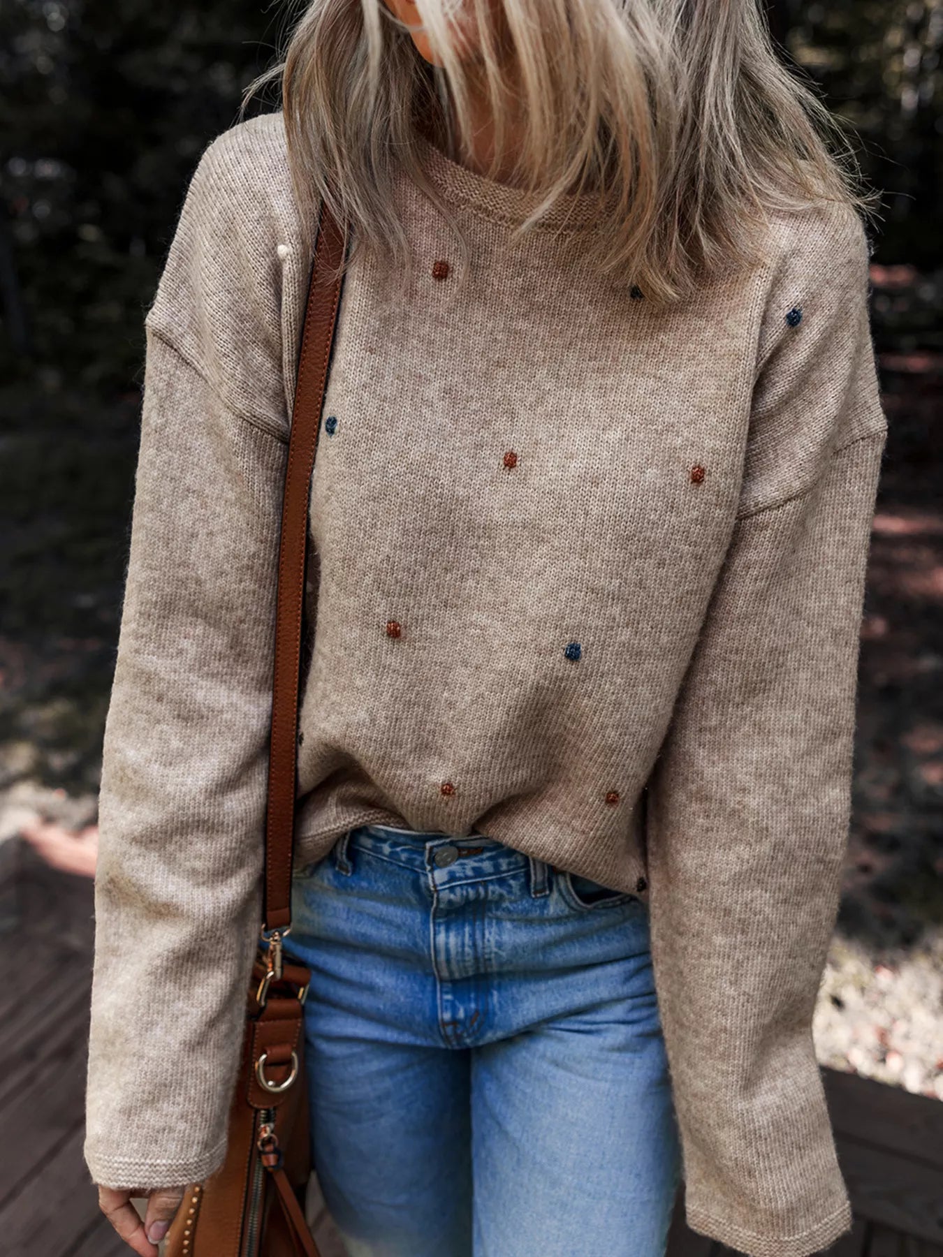 Contrast Colored Dot Detail Drop Shoulder Sweater-Nordavory