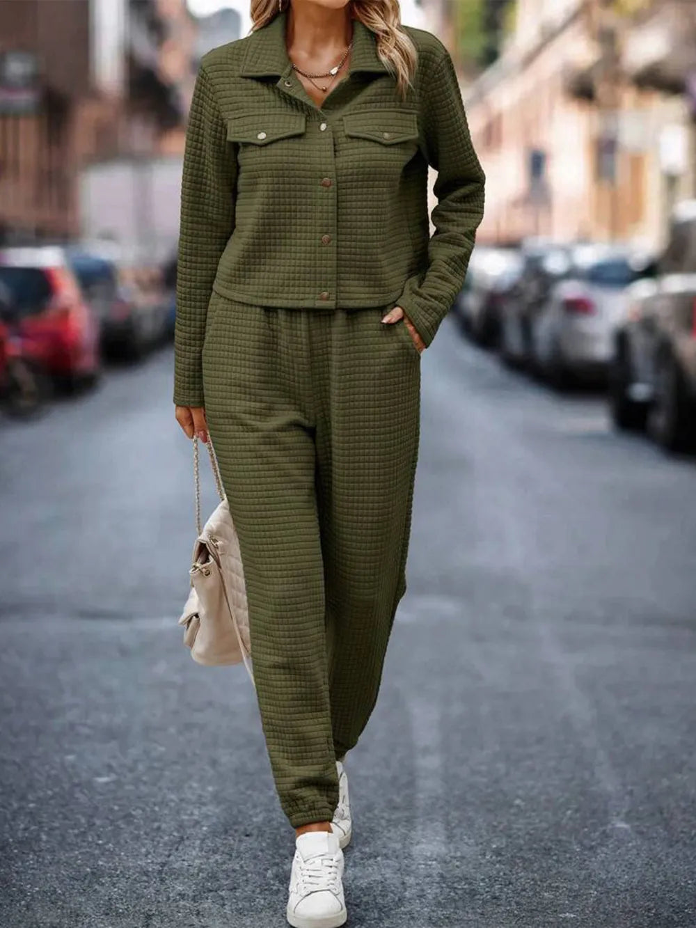 Plaid Texture Snap Down Top and Pants Set-Nordavory