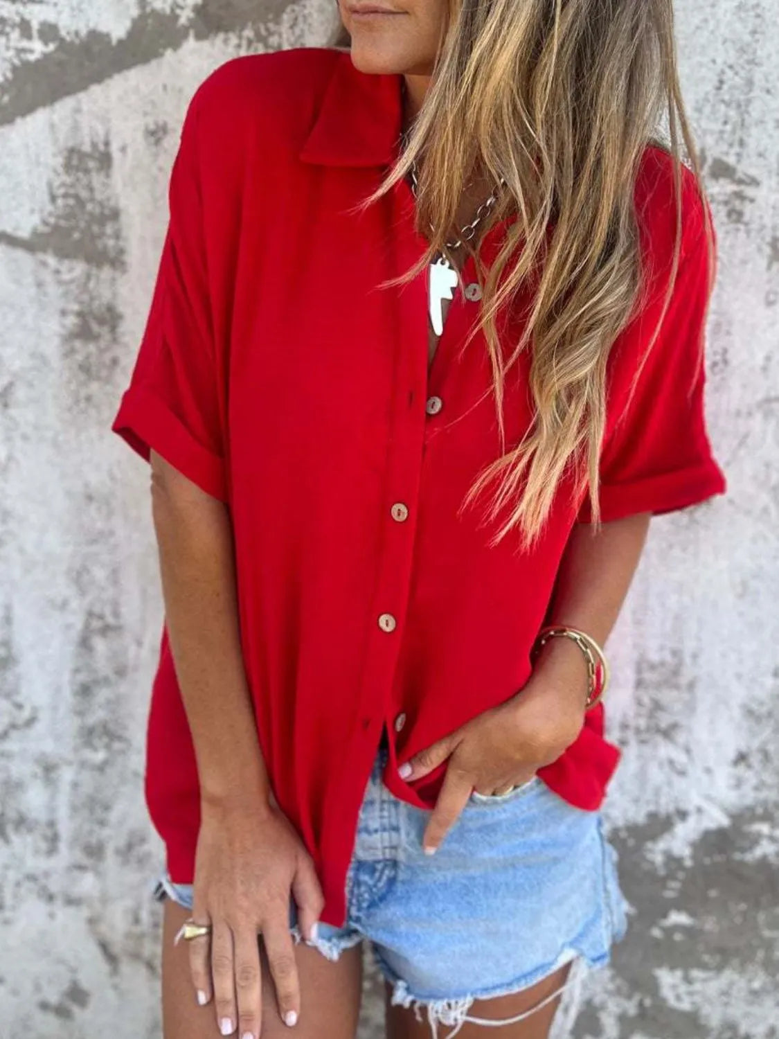Full Size Collared Neck Half Sleeve Shirt Plus Size-Nordavory