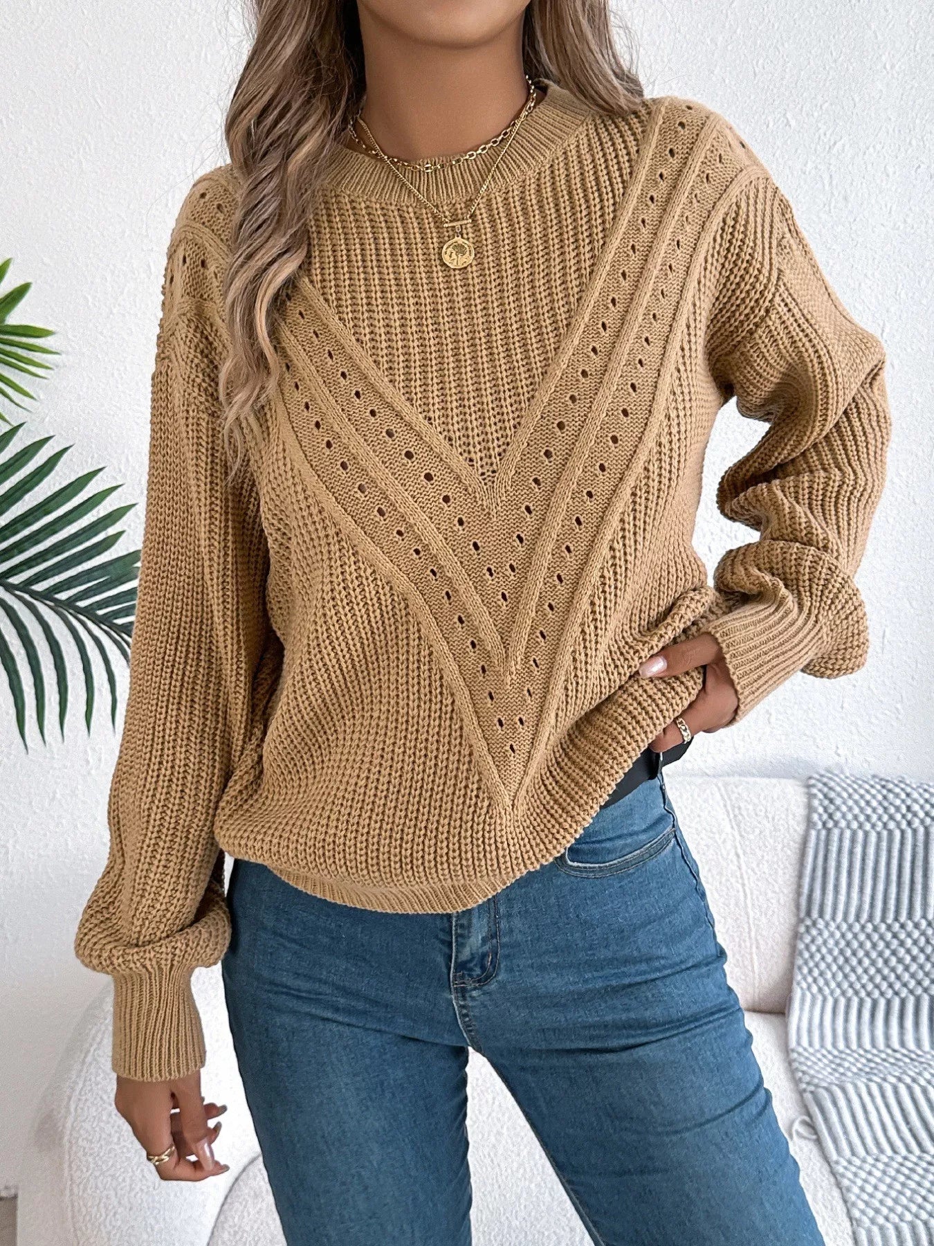 Openwork Round Neck Sweater-Nordavory