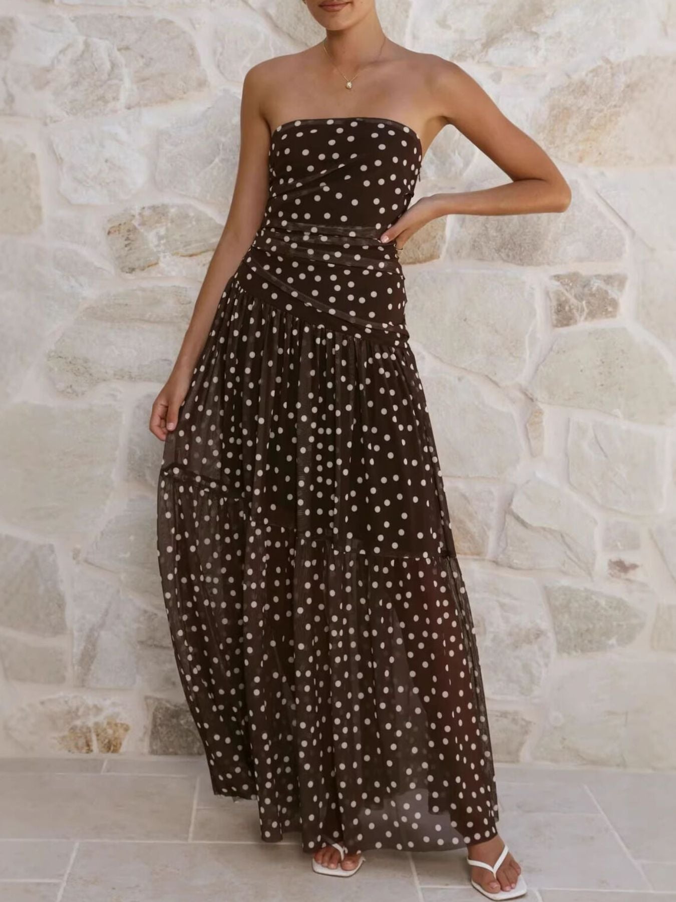 Polka Dot Strapless Ruched Maxi Dress-Nordavory