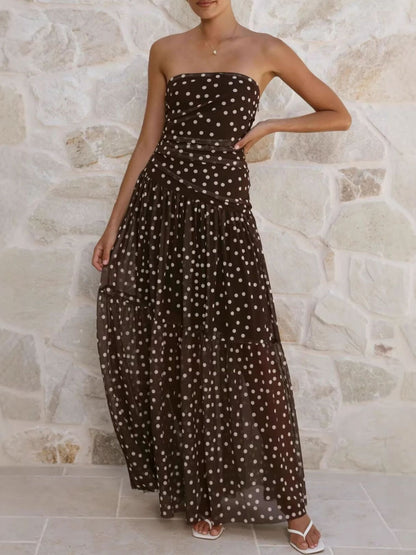 Polka Dot Strapless Ruched Maxi Dress-Nordavory