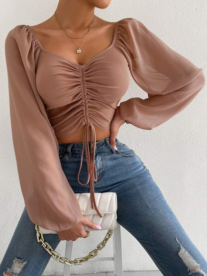Drawstring Sweetheart Neck Cropped Top-Nordavory