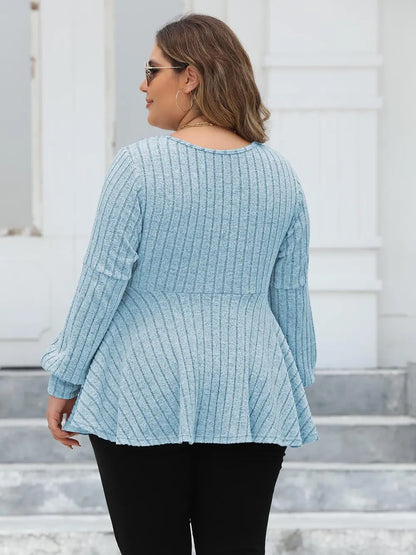 Plus Size Ribbed V-Neck Long Sleeve Blouse-Nordavory