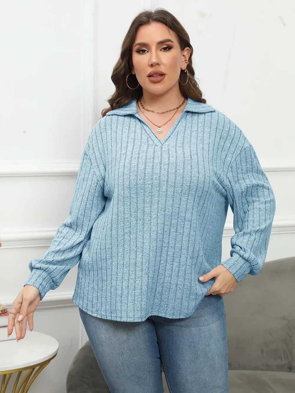Plus Size Ribbed Collared Neck Long Sleeve Blouse-Nordavory