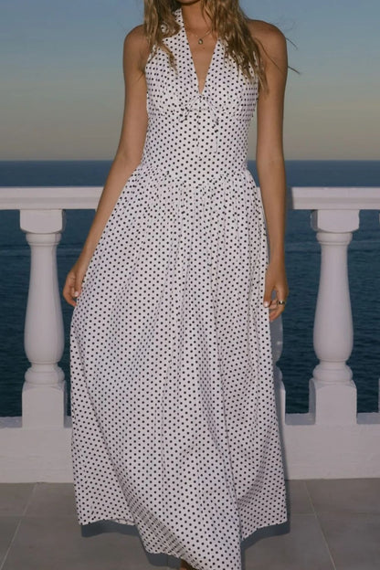 Backless Polka Dot Halter Neck Maxi Dress-Nordavory